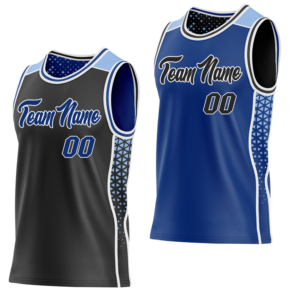 Custom Black Royal White-Light Blue Side Panel Stripe Geometric Triangle Gradient Dot Reversible Double Side Sublimation Basketball Set Jersey