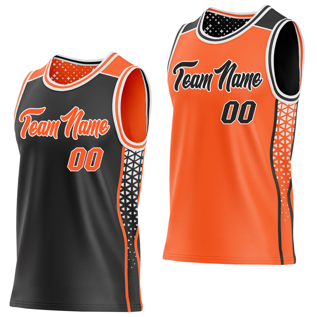 Custom Black Orange-White Side Panel Stripe Geometric Triangle Gradient Dot Reversible Double Side Sublimation Basketball Set Jersey