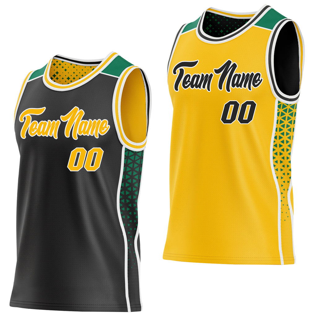 Custom Black Gold White-Kelly Green Side Panel Stripe Geometric Triangle Gradient Dot Reversible Double Side Sublimation Basketball Set Jersey