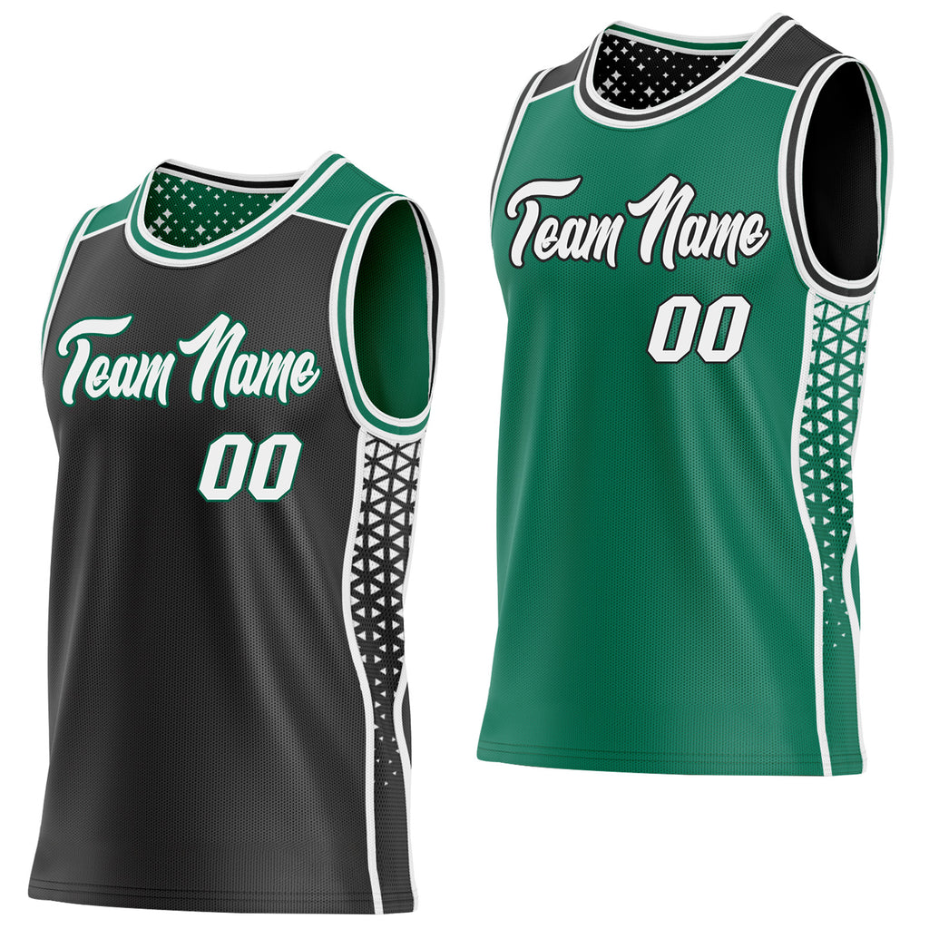 Custom Black White-Kelly Green Side Panel Stripe Geometric Triangle Gradient Dot Reversible Double Side Sublimation Basketball Set Jersey