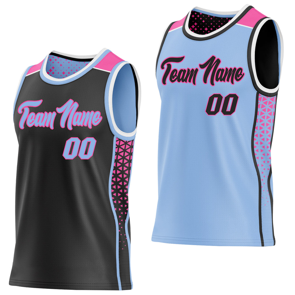 Custom Black Light Blue Pink-White Side Panel Stripe Geometric Triangle Gradient Dot Reversible Double Side Sublimation Basketball Set Jersey