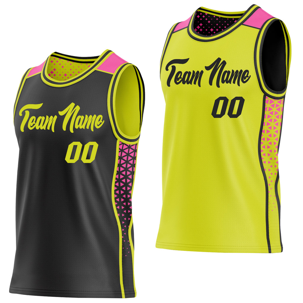 Custom Black Neon Yellow-Pink Side Panel Stripe Geometric Triangle Gradient Dot Reversible Double Side Sublimation Basketball Set Jersey