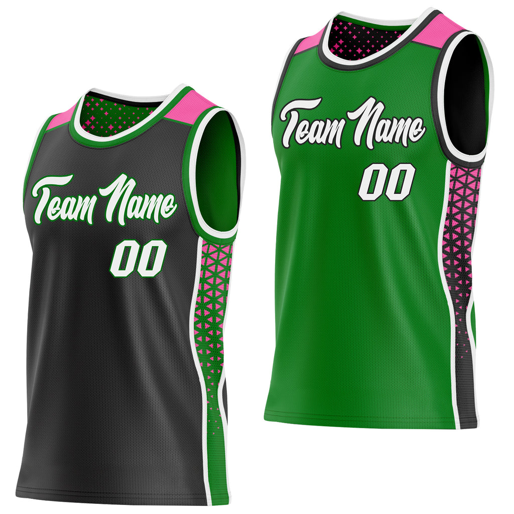 Custom Black White Grass Green-Pink Side Panel Stripe Geometric Triangle Gradient Dot Reversible Double Side Sublimation Basketball Set Jersey