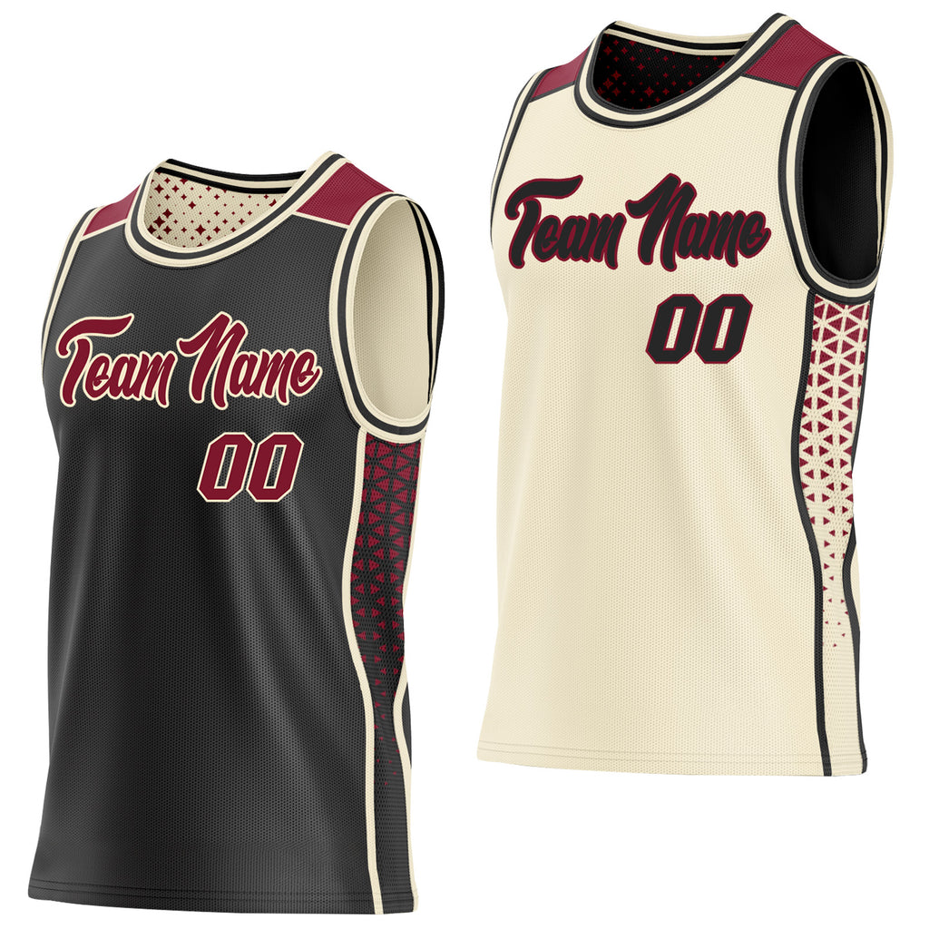 Custom Black Crimson-Cream Side Panel Stripe Geometric Triangle Gradient Dot Reversible Double Side Sublimation Basketball Set Jersey