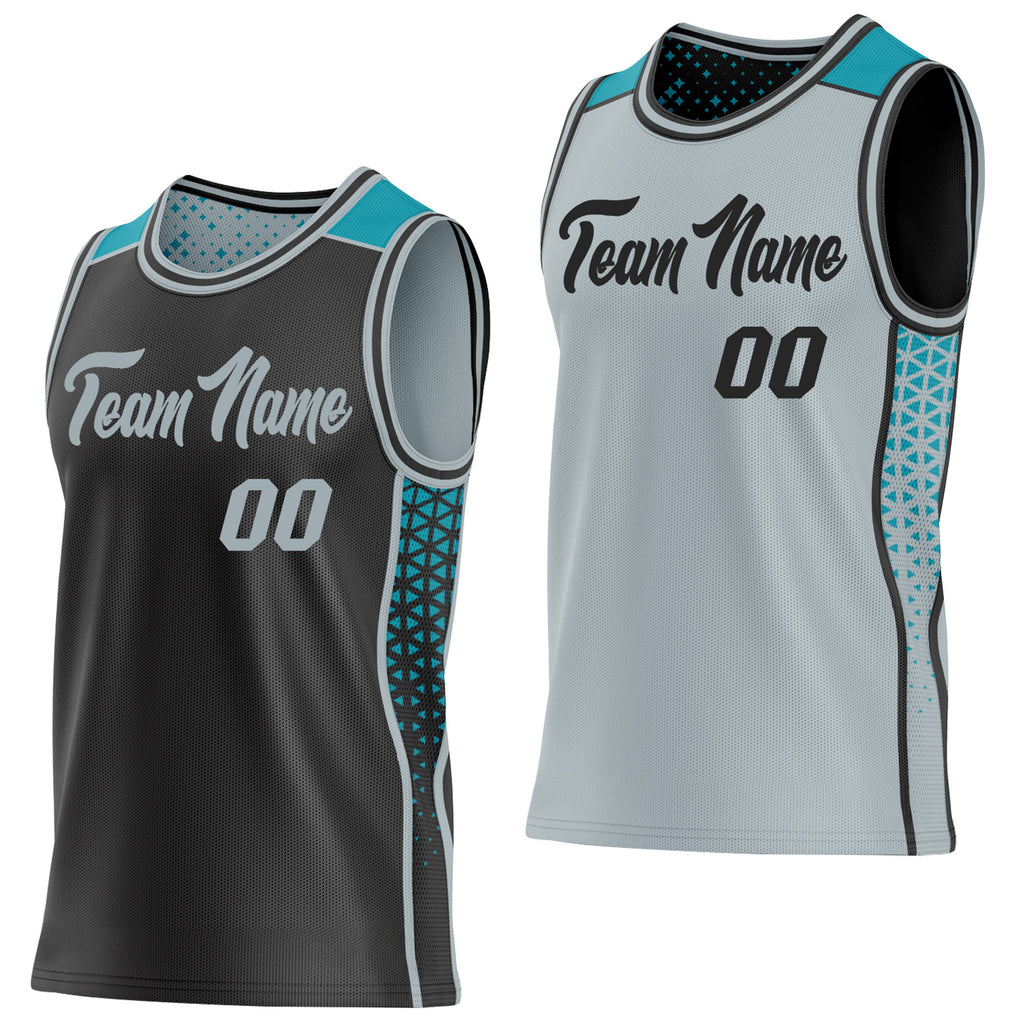 Custom Black Silver-Teal Side Panel Stripe Geometric Triangle Gradient Dot Reversible Double Side Sublimation Basketball Set Jersey