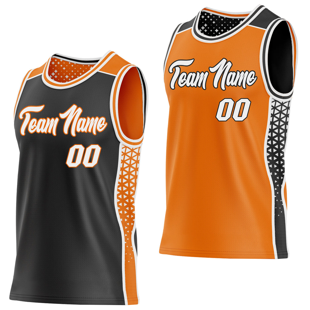 Custom Black White-Bay Orange Side Panel Stripe Geometric Triangle Gradient Dot Reversible Double Side Sublimation Basketball Set Jersey