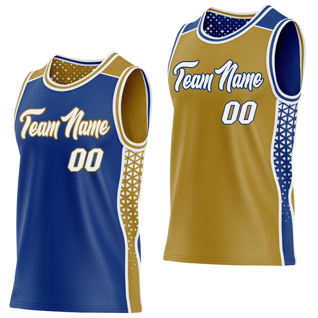 Custom Royal White-Old Gold Side Panel Stripe Geometric Triangle Gradient Dot Reversible Double Side Sublimation Basketball Set Jersey