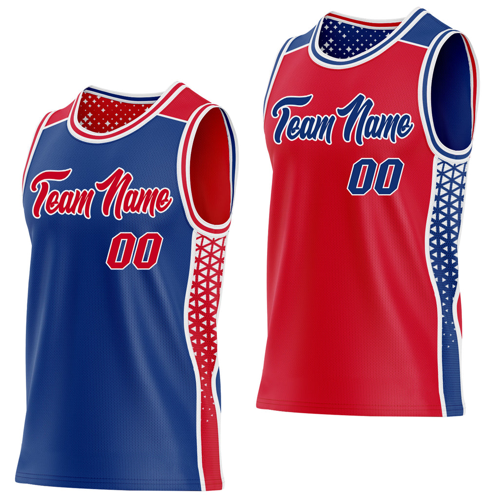 Custom Royal Red-White Side Panel Stripe Geometric Triangle Gradient Dot Reversible Double Side Sublimation Basketball Set Jersey