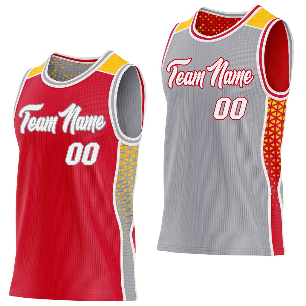Custom Red White Gray-Gold Side Panel Stripe Geometric Triangle Gradient Dot Reversible Double Side Sublimation Basketball Set Jersey
