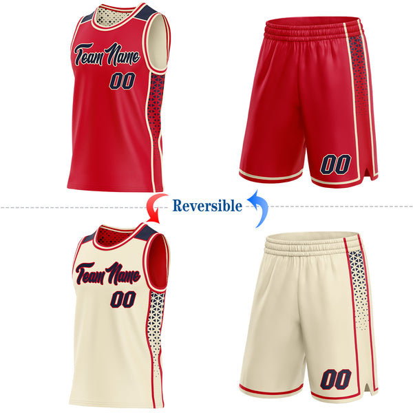 Custom Red Navy-Cream Side Panel Stripe Geometric Triangle Gradient Dot Reversible Double Side Sublimation Basketball Set Jersey