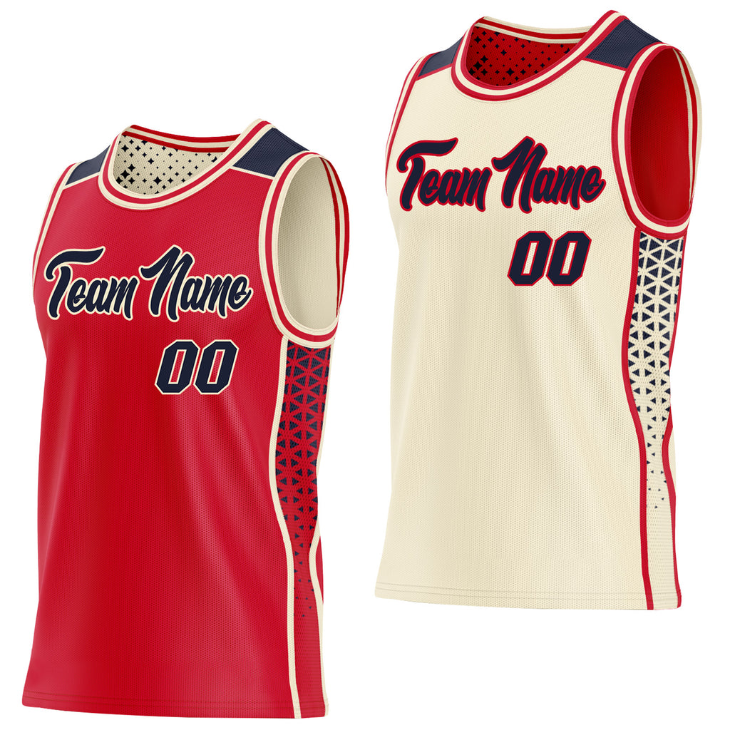 Custom Red Navy-Cream Side Panel Stripe Geometric Triangle Gradient Dot Reversible Double Side Sublimation Basketball Set Jersey