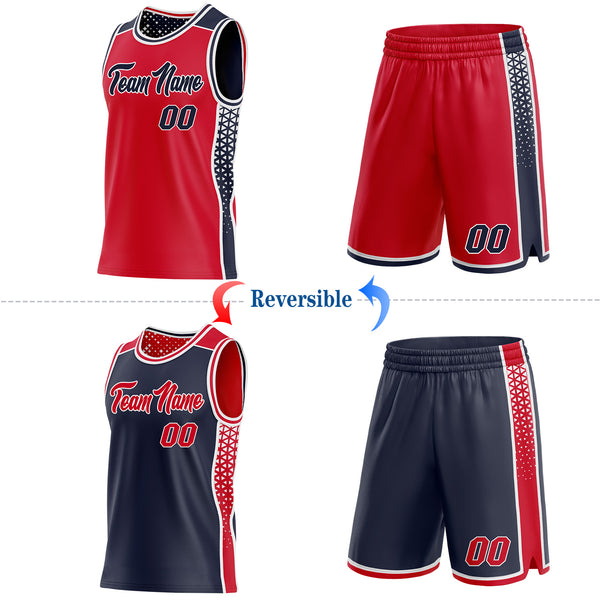Custom Red Navy-White Side Panel Stripe Geometric Triangle Gradient Dot Reversible Double Side Sublimation Basketball Set Jersey