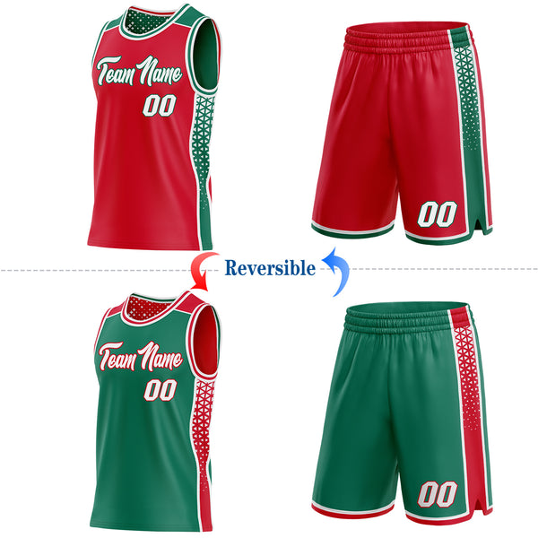 Custom Red White-Kelly Green Side Panel Stripe Geometric Triangle Gradient Dot Reversible Double Side Sublimation Basketball Set Jersey