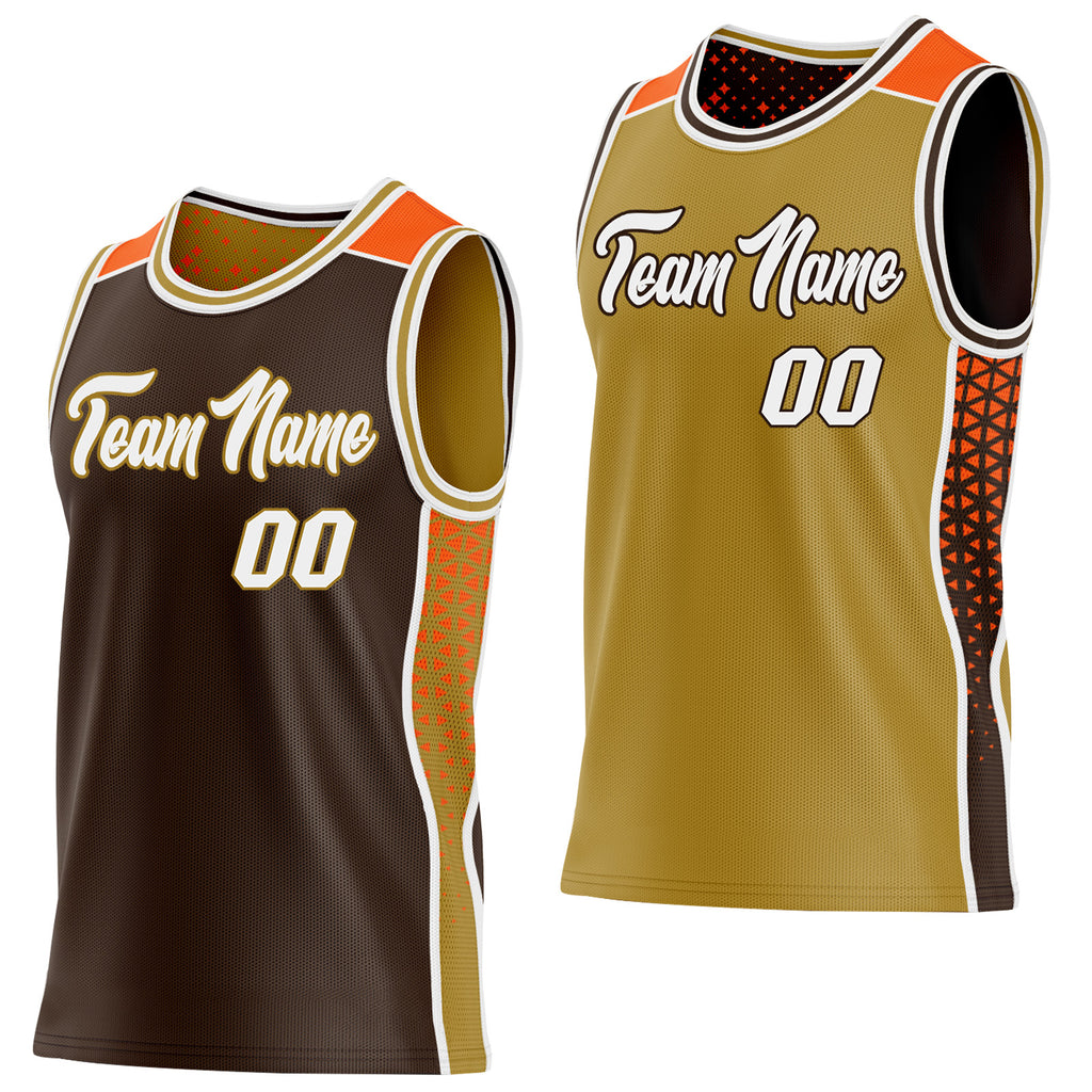 Custom Brown White Old Gold-Orange Side Panel Stripe Geometric Triangle Gradient Dot Reversible Double Side Sublimation Basketball Set Jersey