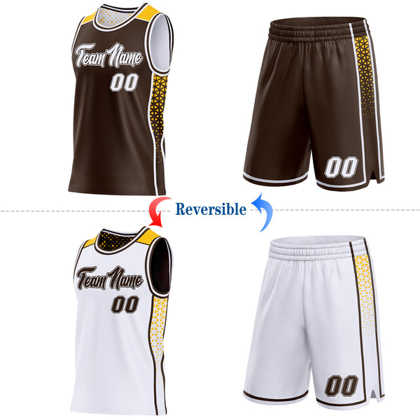 Custom Brown White-Gold Side Panel Stripe Geometric Triangle Gradient Dot Reversible Double Side Sublimation Basketball Set Jersey