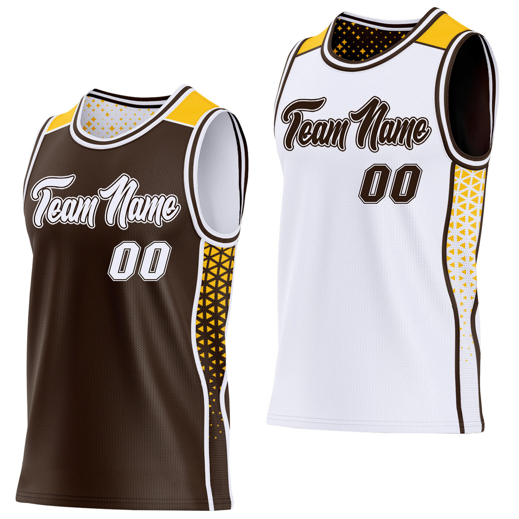 Custom Brown White-Gold Side Panel Stripe Geometric Triangle Gradient Dot Reversible Double Side Sublimation Basketball Set Jersey