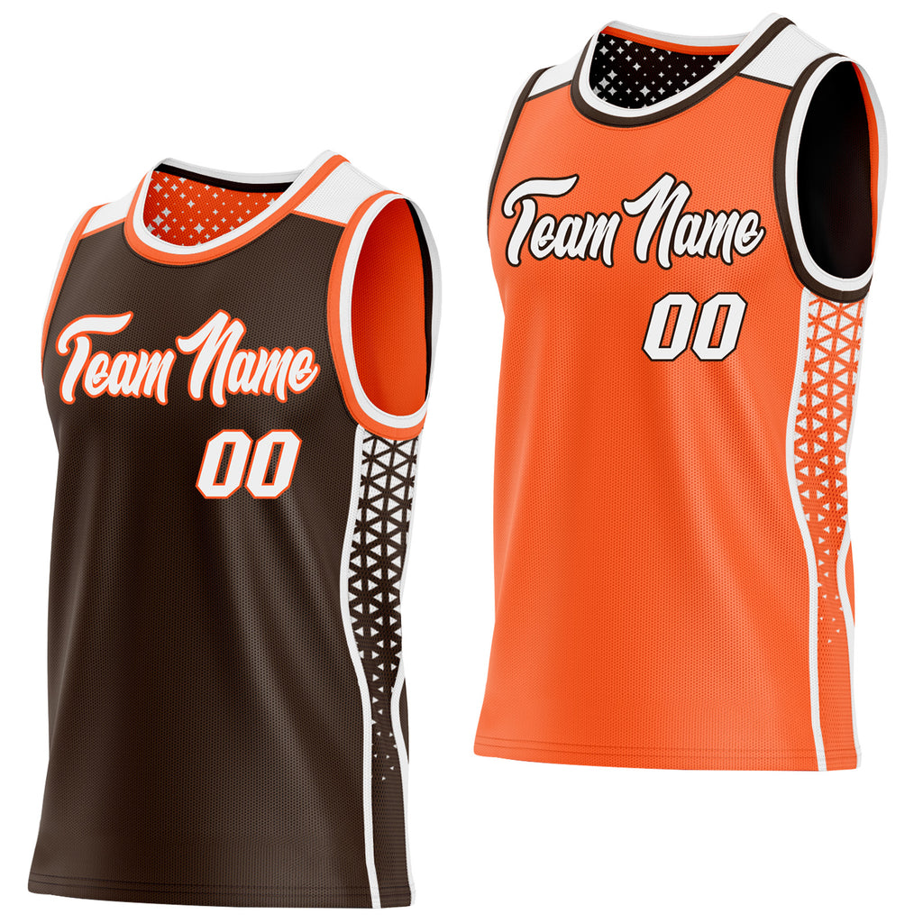 Custom Brown White-Orange Side Panel Stripe Geometric Triangle Gradient Dot Reversible Double Side Sublimation Basketball Set Jersey