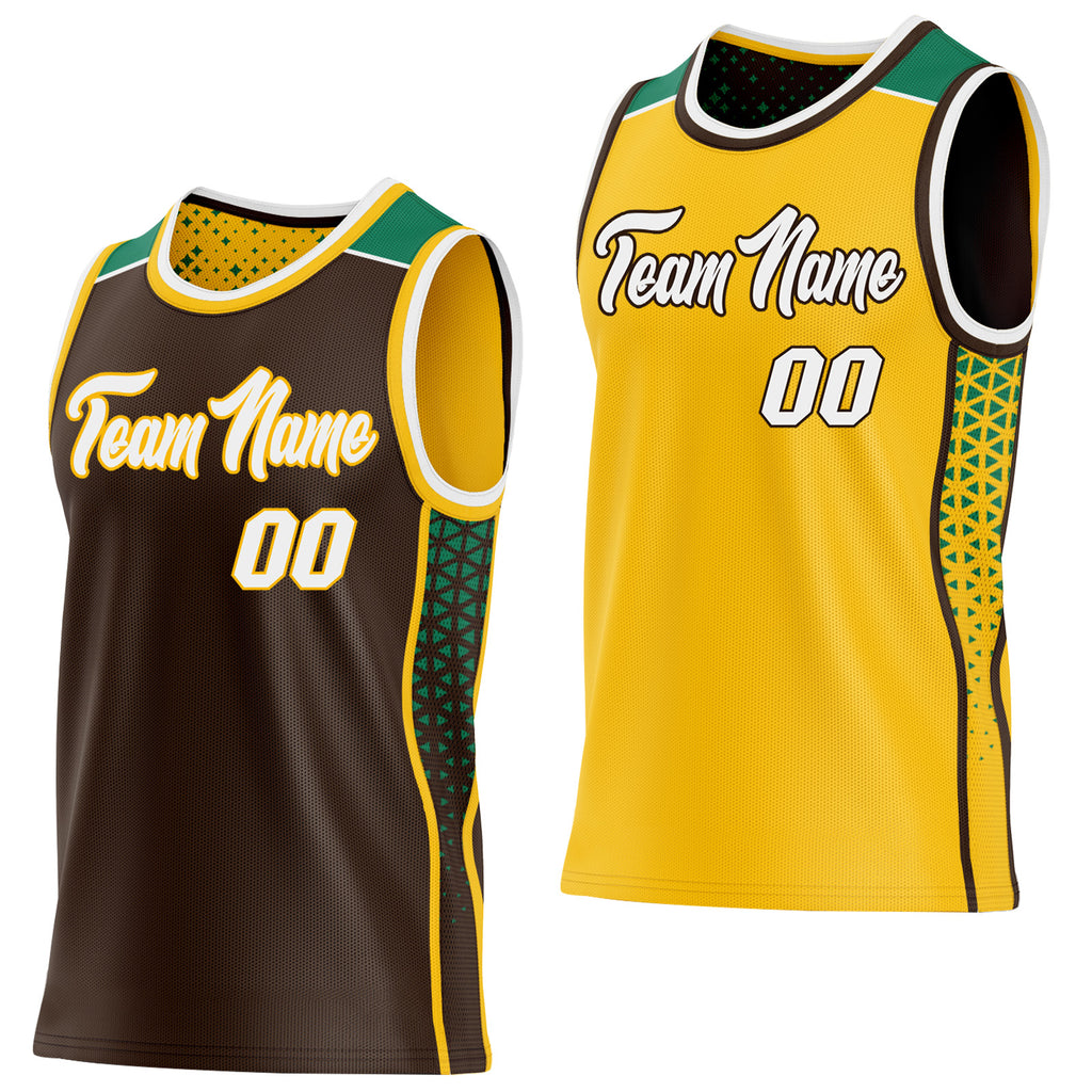 Custom Brown White Gold-Kelly Green Side Panel Stripe Geometric Triangle Gradient Dot Reversible Double Side Sublimation Basketball Set Jersey