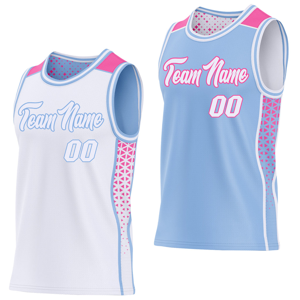 Custom White Light Blue-Pink Side Panel Stripe Geometric Triangle Gradient Dot Reversible Double Side Sublimation Basketball Set Jersey