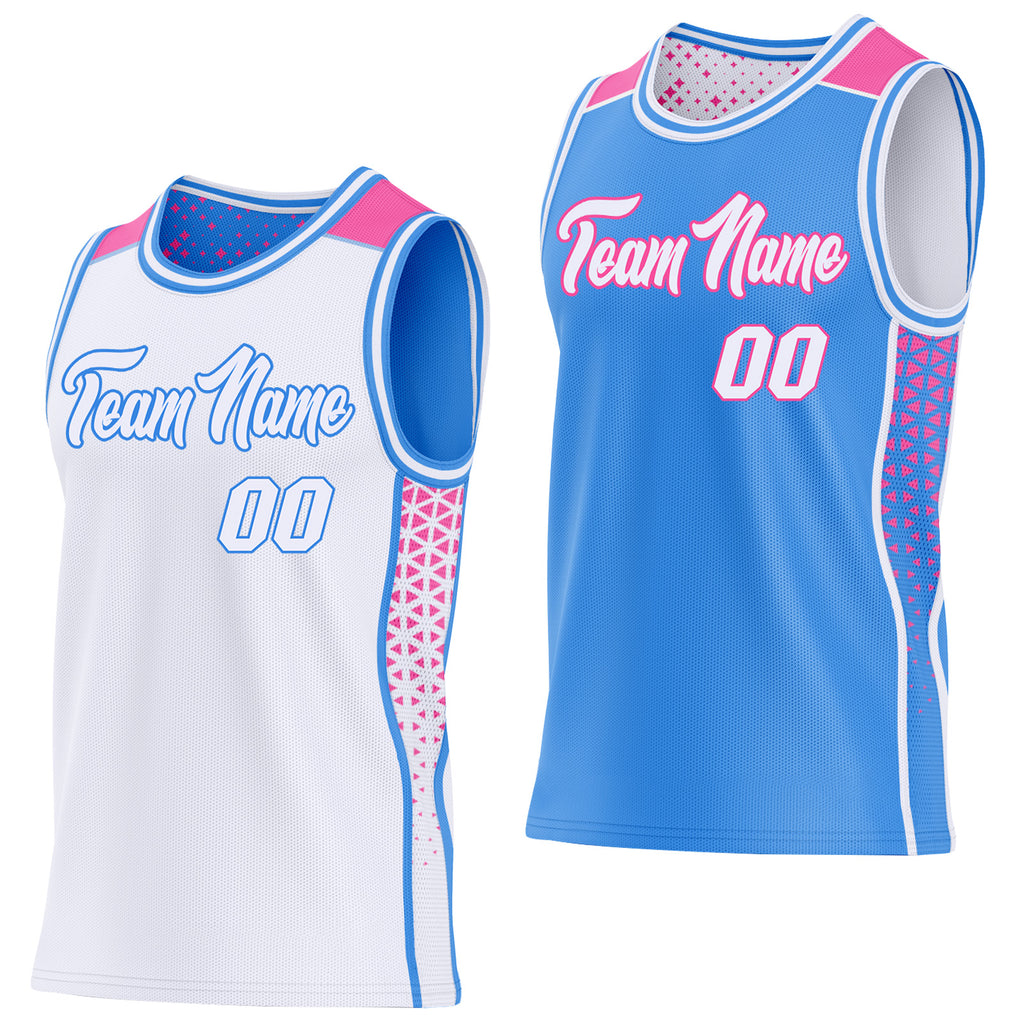 Custom White Powder Blue-Pink Side Panel Stripe Geometric Triangle Gradient Dot Reversible Double Side Sublimation Basketball Set Jersey