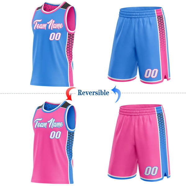Custom Powder Blue White Pink-Black Side Panel Stripe Geometric Triangle Gradient Dot Reversible Double Side Sublimation Basketball Set Jersey