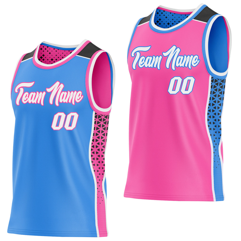 Custom Powder Blue White Pink-Black Side Panel Stripe Geometric Triangle Gradient Dot Reversible Double Side Sublimation Basketball Set Jersey