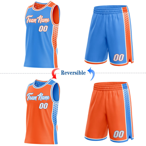 Custom Powder Blue White-Orange Side Panel Stripe Geometric Triangle Gradient Dot Reversible Double Side Sublimation Basketball Set Jersey