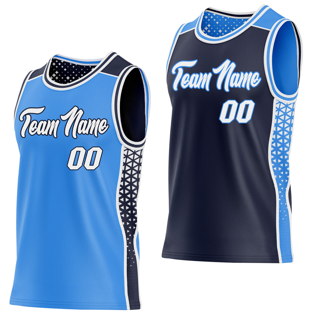 Custom Powder Blue White-Navy Side Panel Stripe Geometric Triangle Gradient Dot Reversible Double Side Sublimation Basketball Set Jersey