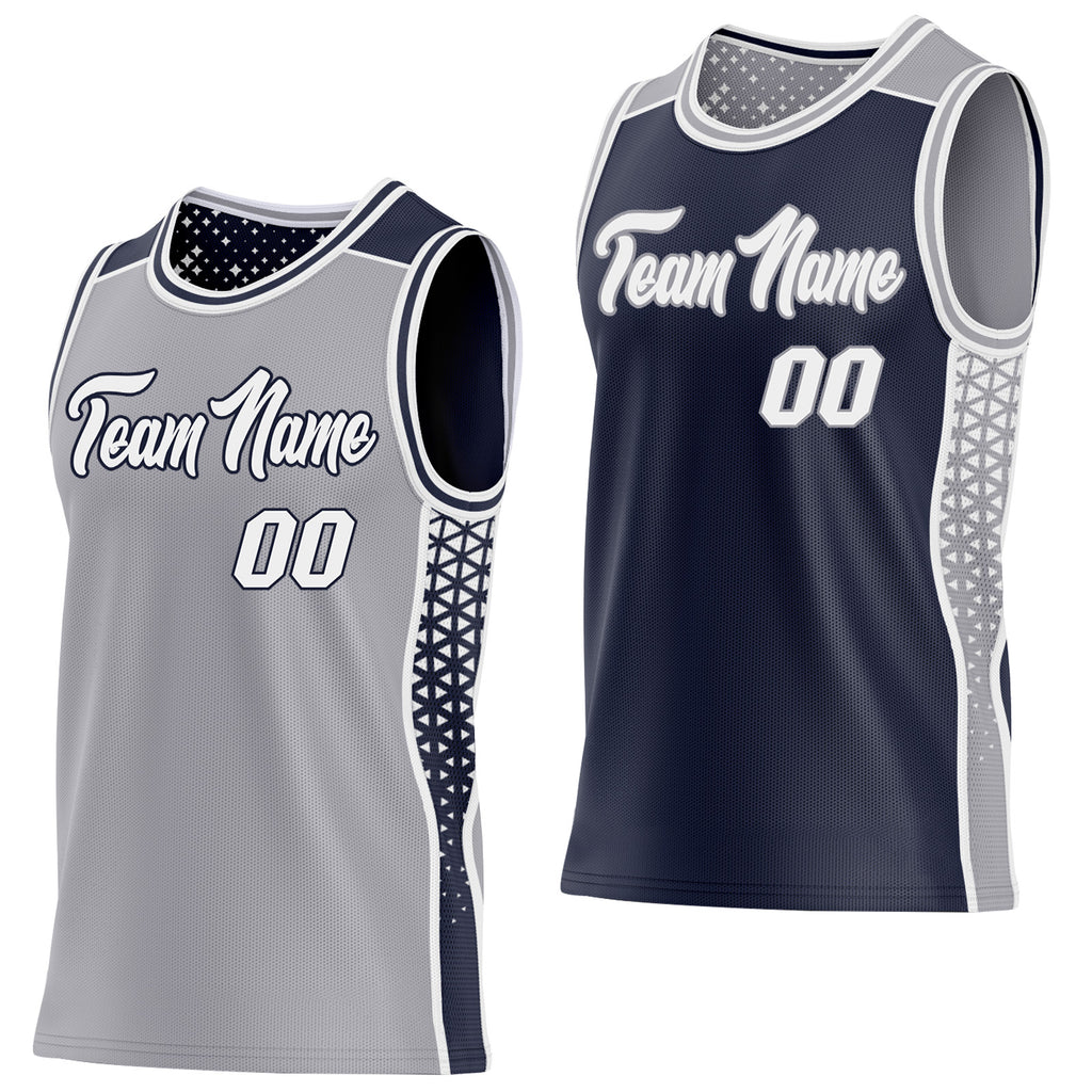Custom Gray White-Navy Side Panel Stripe Geometric Triangle Gradient Dot Reversible Double Side Sublimation Basketball Set Jersey