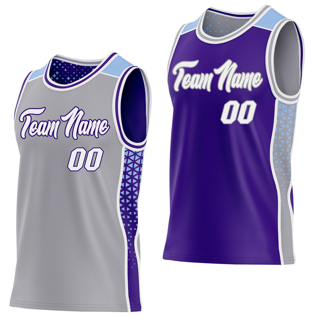 Custom Gray White Purple-Light Blue Side Panel Stripe Geometric Triangle Gradient Dot Reversible Double Side Sublimation Basketball Set Jersey