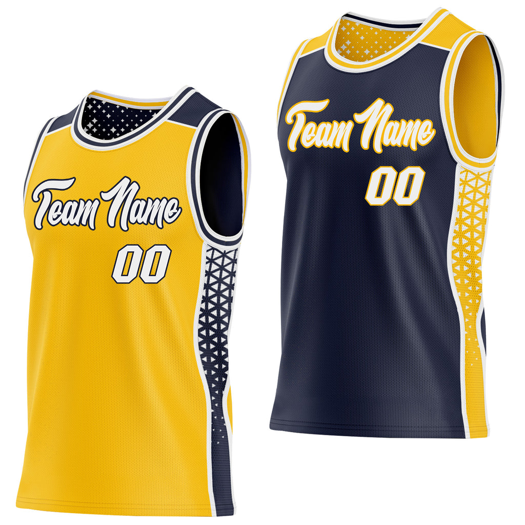 Custom Gold White-Navy Side Panel Stripe Geometric Triangle Gradient Dot Reversible Double Side Sublimation Basketball Set Jersey