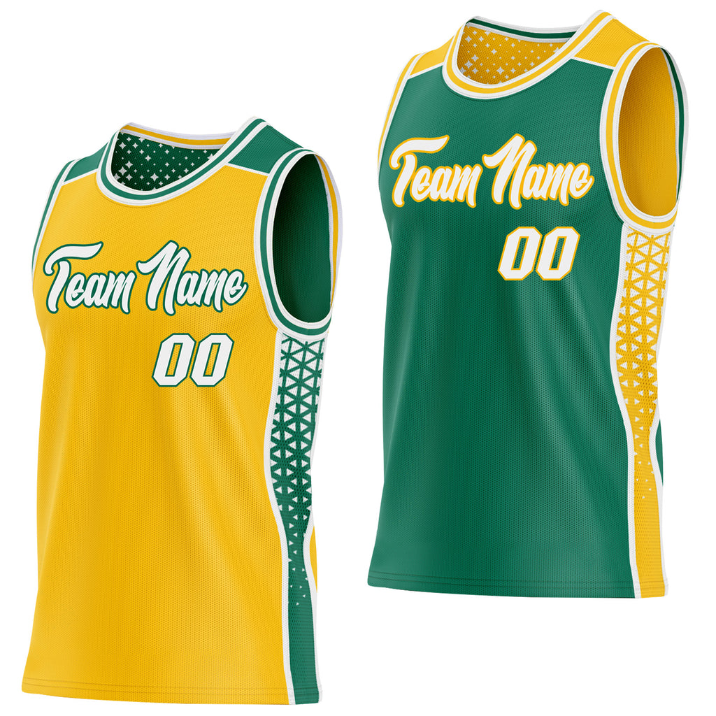 Custom Gold White-Kelly Green Side Panel Stripe Geometric Triangle Gradient Dot Reversible Double Side Sublimation Basketball Set Jersey