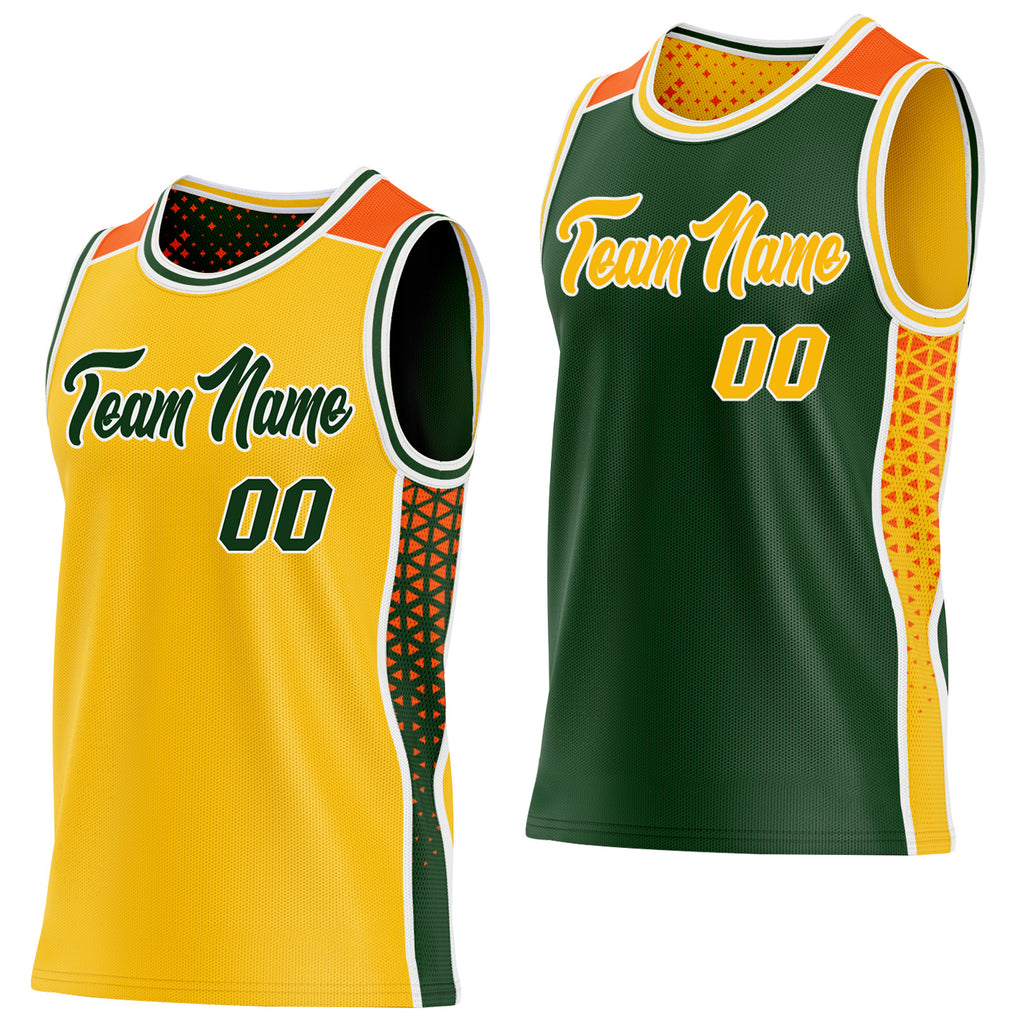 Custom Gold Green White-Orange Side Panel Stripe Geometric Triangle Gradient Dot Reversible Double Side Sublimation Basketball Set Jersey