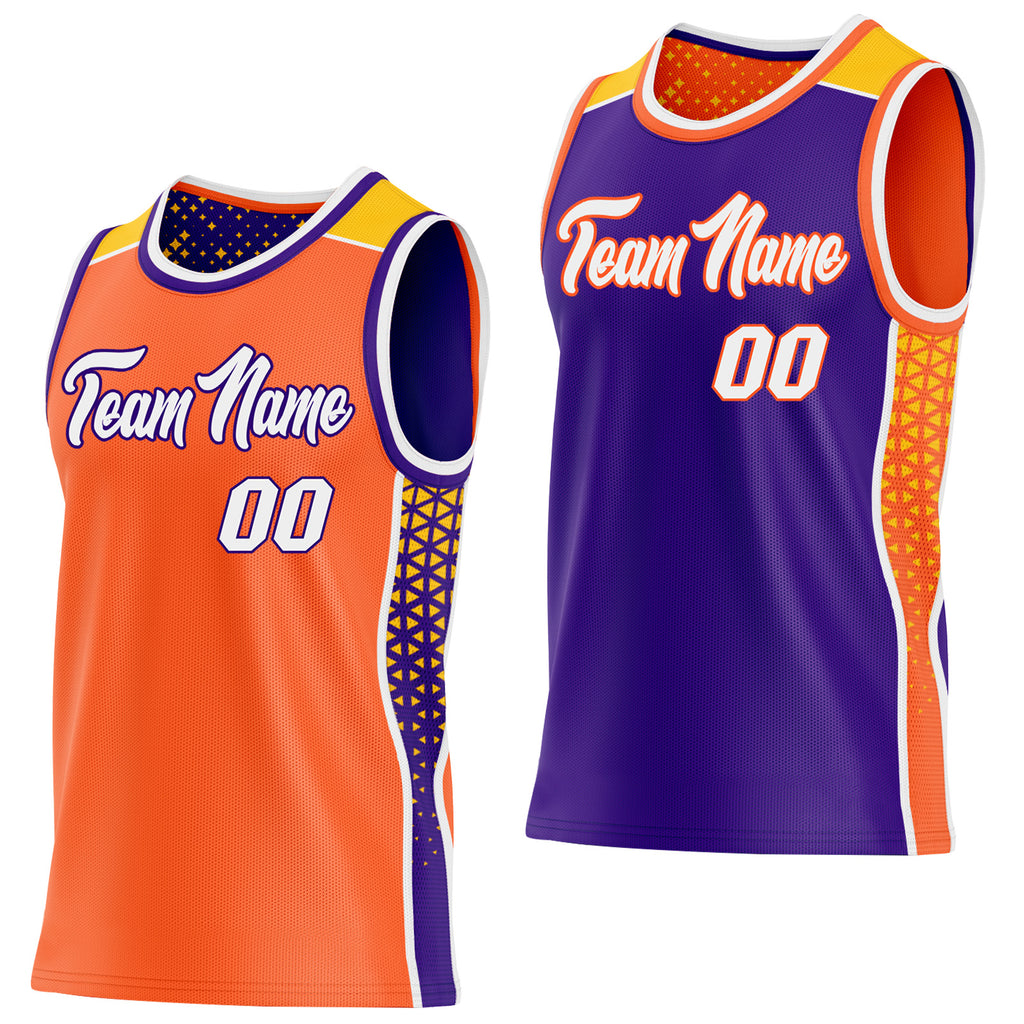 Custom Orange White Purple-Gold Side Panel Stripe Geometric Triangle Gradient Dot Reversible Double Side Sublimation Basketball Set Jersey