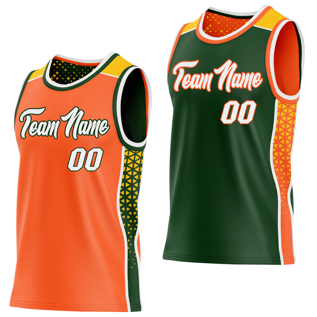 Custom Orange White Green-Gold Side Panel Stripe Geometric Triangle Gradient Dot Reversible Double Side Sublimation Basketball Set Jersey