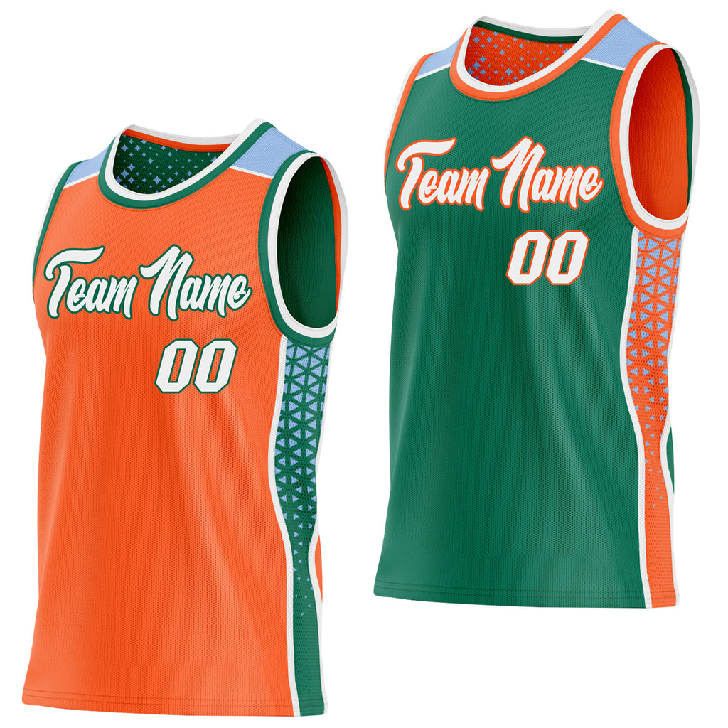 Custom Orange White Kelly Green-Light Blue Side Panel Stripe Geometric Triangle Gradient Dot Reversible Double Side Sublimation Basketball Set Jersey