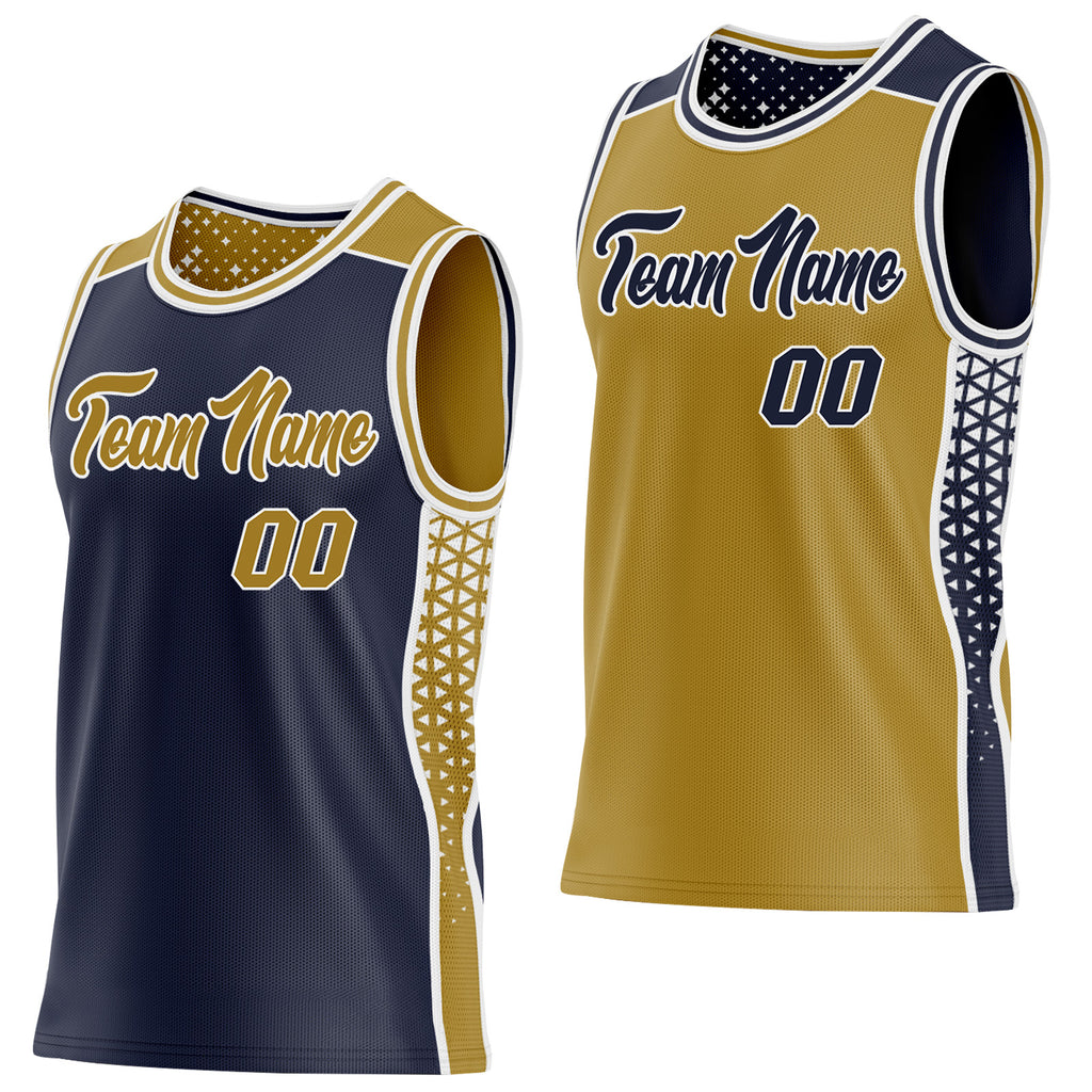 Custom Navy Old Gold-White Side Panel Stripe Geometric Triangle Gradient Dot Reversible Double Side Sublimation Basketball Set Jersey