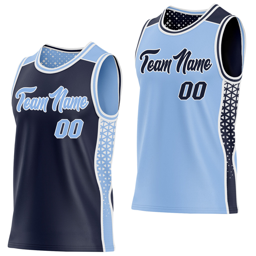 Custom Navy Light Blue-White Side Panel Stripe Geometric Triangle Gradient Dot Reversible Double Side Sublimation Basketball Set Jersey