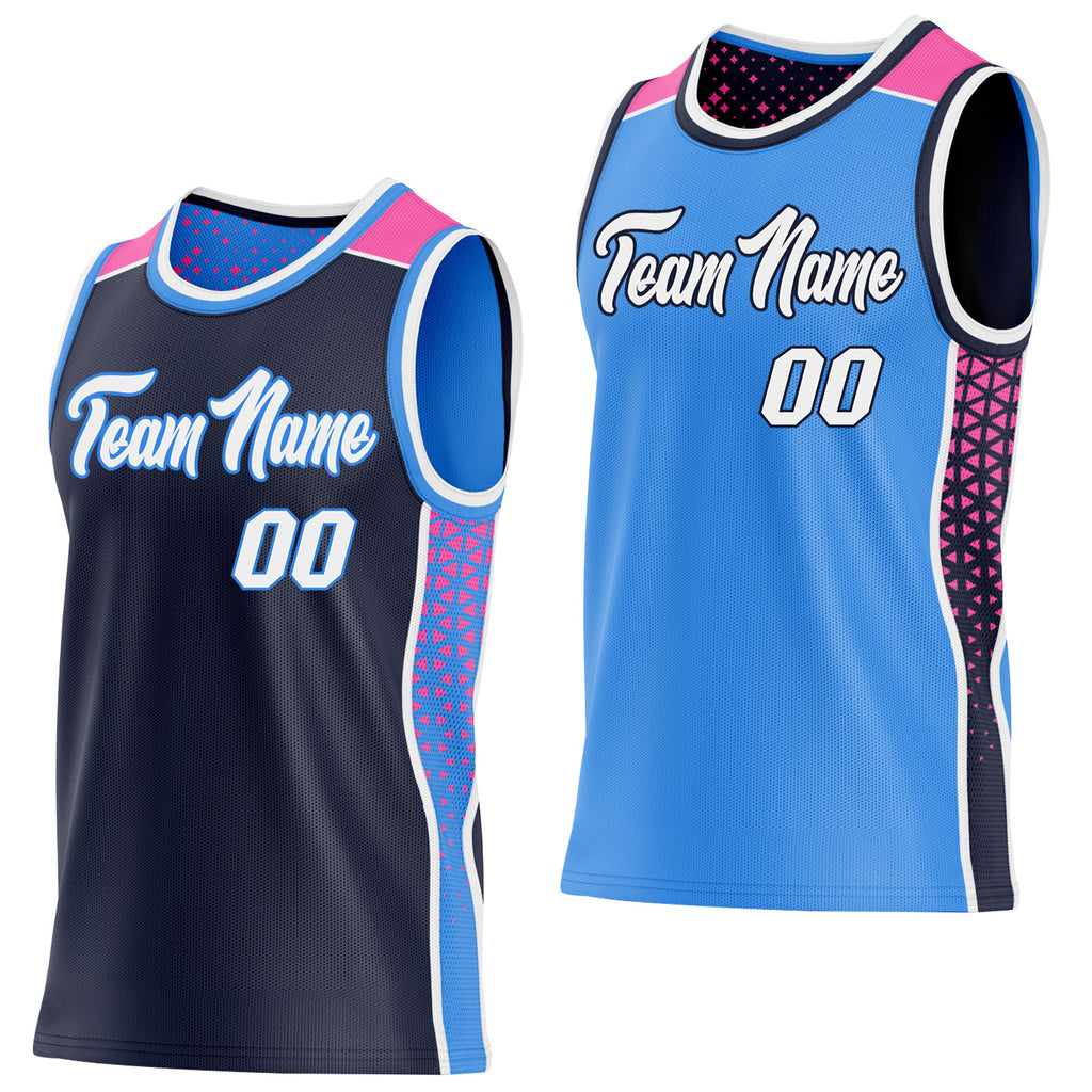 Custom Navy White Powder Blue-Pink Side Panel Stripe Geometric Triangle Gradient Dot Reversible Double Side Sublimation Basketball Set Jersey