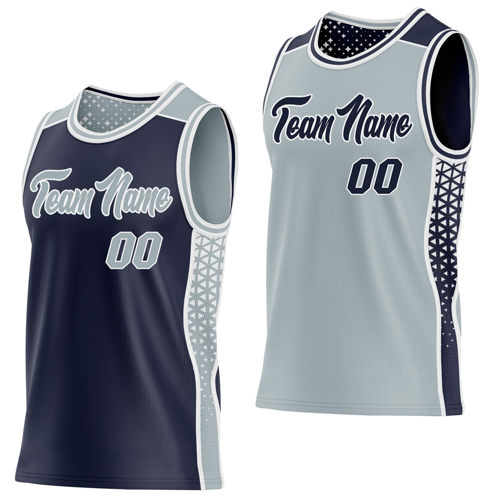 Custom Navy Silver-White Side Panel Stripe Geometric Triangle Gradient Dot Reversible Double Side Sublimation Basketball Set Jersey