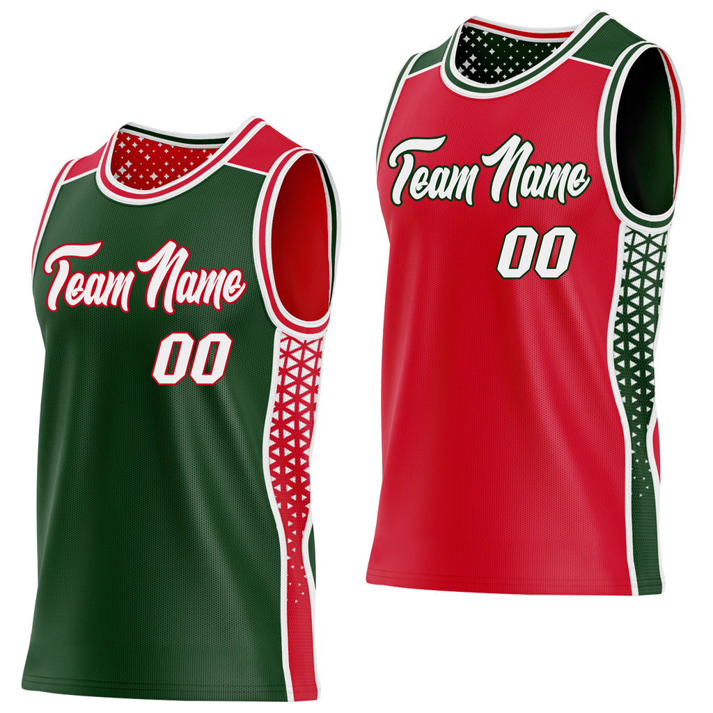 Custom Green White-Red Side Panel Stripe Geometric Triangle Gradient Dot Reversible Double Side Sublimation Basketball Set Jersey