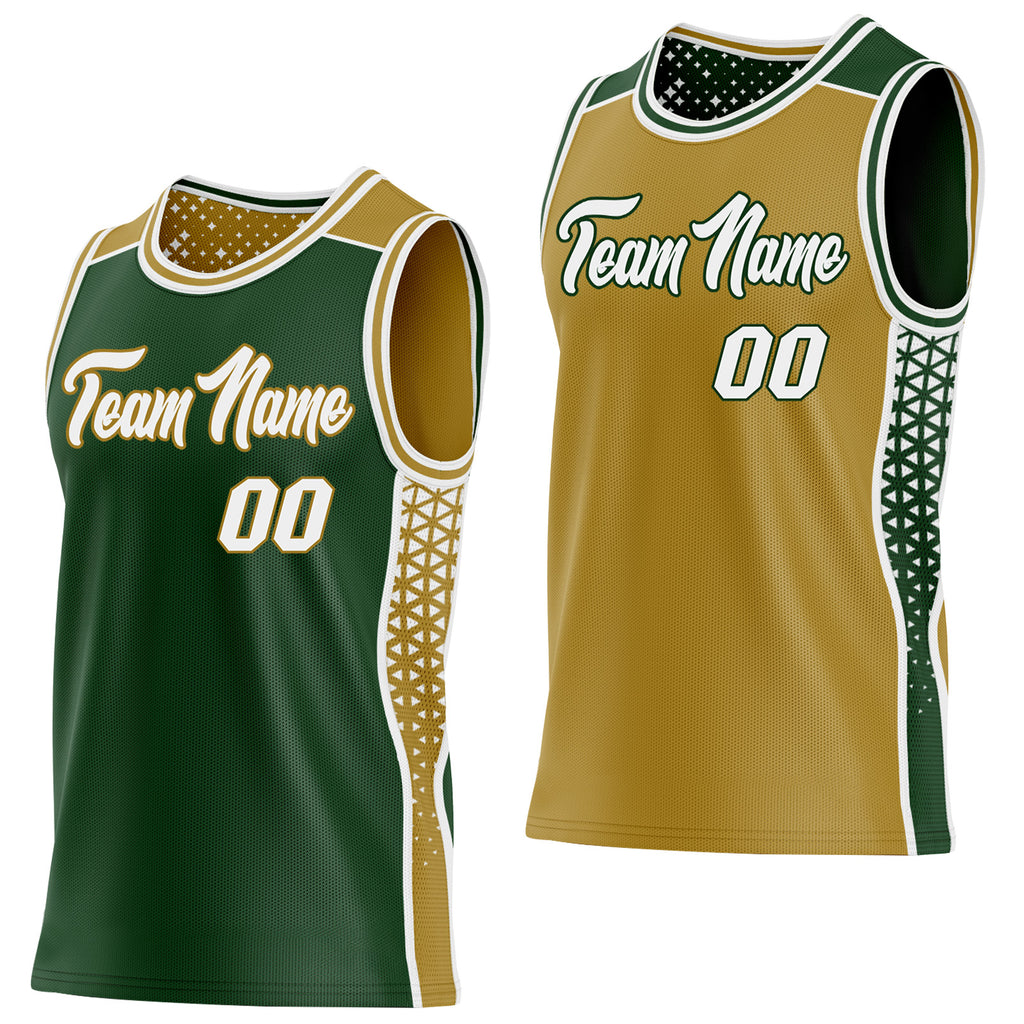 Custom Green White-Old Gold Side Panel Stripe Geometric Triangle Gradient Dot Reversible Double Side Sublimation Basketball Set Jersey