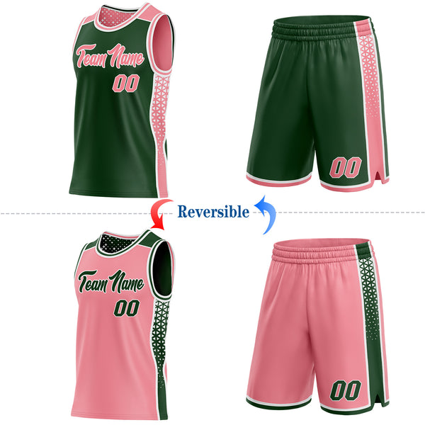 Custom Green Medium Pink-White Side Panel Stripe Geometric Triangle Gradient Dot Reversible Double Side Sublimation Basketball Set Jersey