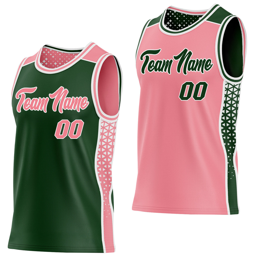 Custom Green Medium Pink-White Side Panel Stripe Geometric Triangle Gradient Dot Reversible Double Side Sublimation Basketball Set Jersey