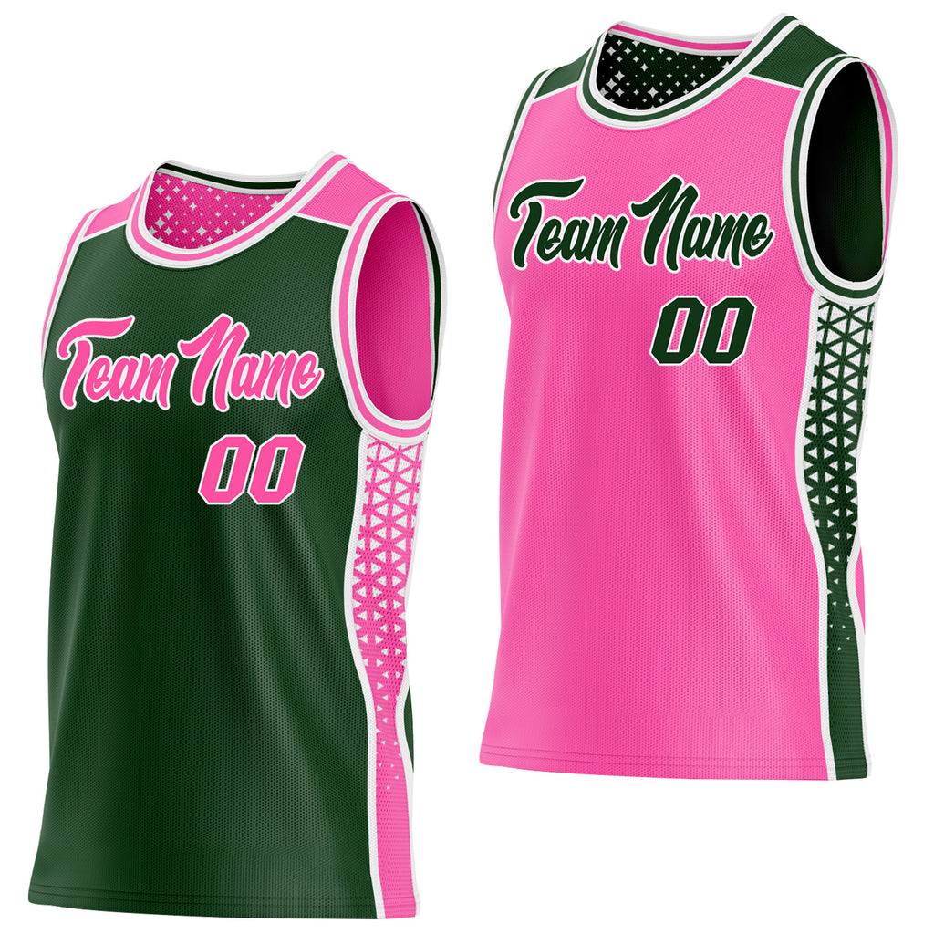 Custom Green Pink-White Side Panel Stripe Geometric Triangle Gradient Dot Reversible Double Side Sublimation Basketball Set Jersey