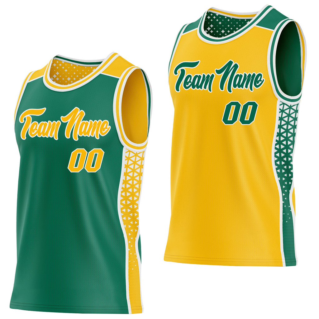 Custom Kelly Green Gold-White Side Panel Stripe Geometric Triangle Gradient Dot Reversible Double Side Sublimation Basketball Set Jersey