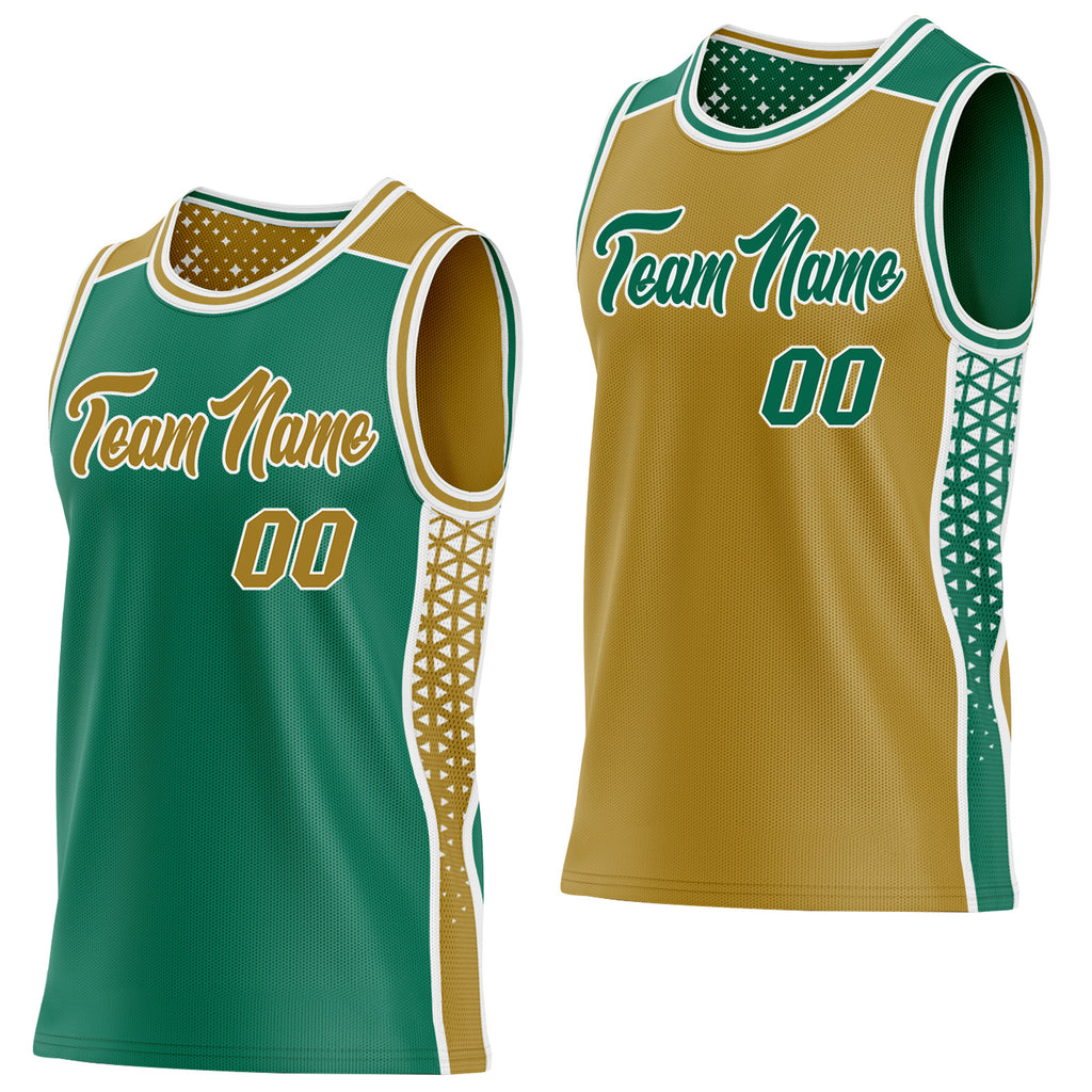 Custom Kelly Green Old Gold-White Side Panel Stripe Geometric Triangle Gradient Dot Reversible Double Side Sublimation Basketball Set Jersey