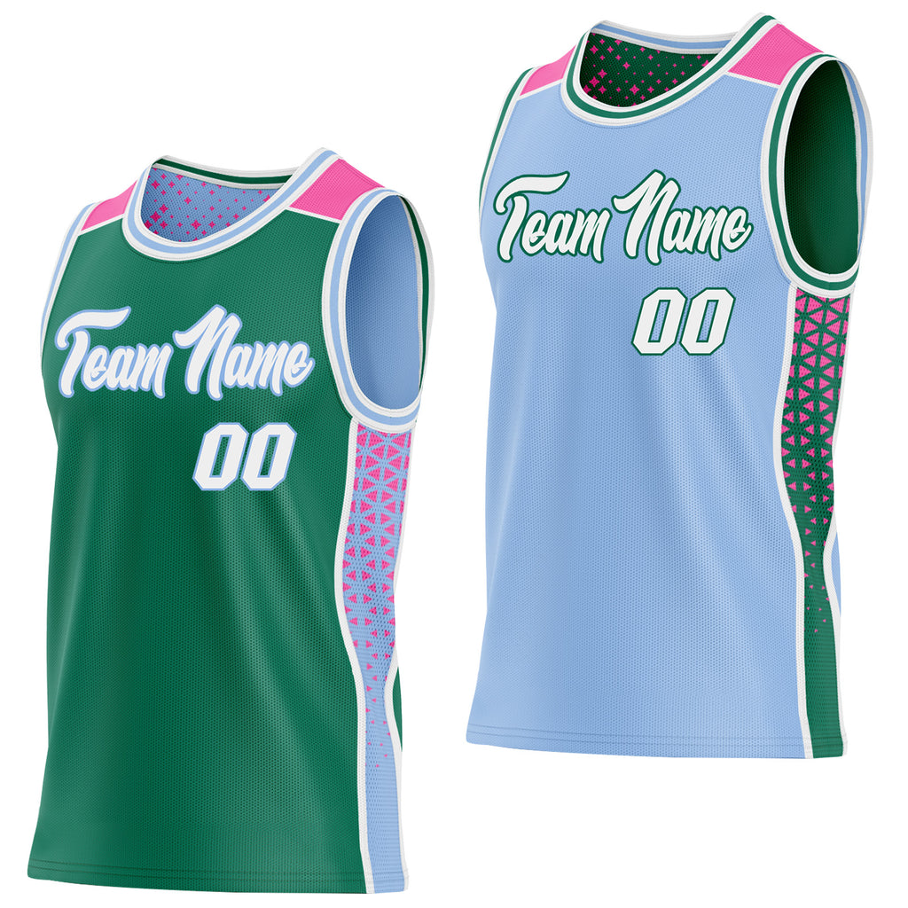 Custom Kelly Green White Light Blue-Pink Side Panel Stripe Geometric Triangle Gradient Dot Reversible Double Side Sublimation Basketball Set Jersey