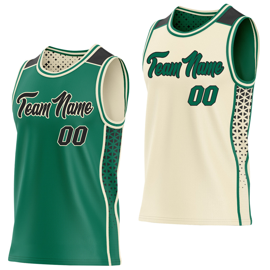 Custom Kelly Green Black-Cream Side Panel Stripe Geometric Triangle Gradient Dot Reversible Double Side Sublimation Basketball Set Jersey