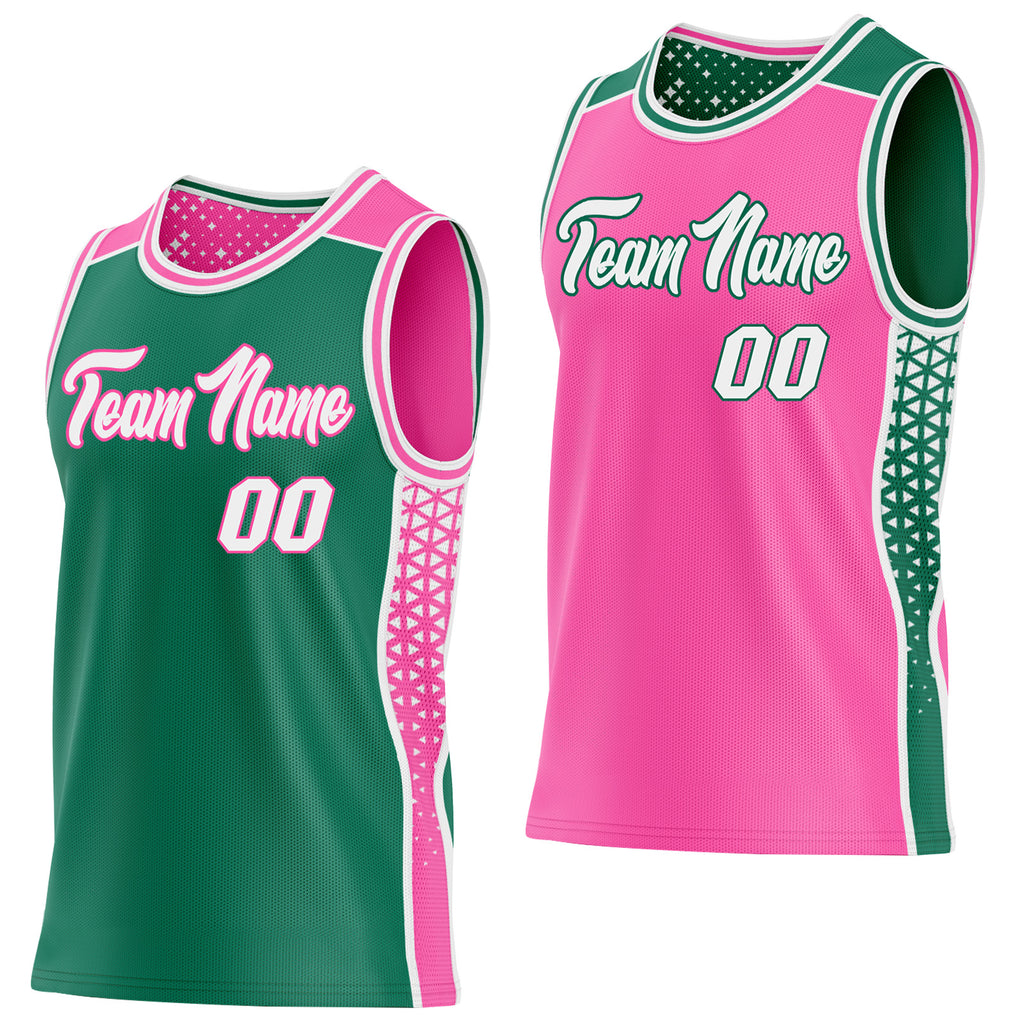 Custom Kelly Green White-Pink Side Panel Stripe Geometric Triangle Gradient Dot Reversible Double Side Sublimation Basketball Set Jersey